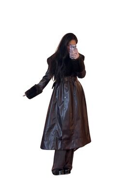 Current Mood | Dark Brown Faux Leather Long Trench Coat with Faux Fur